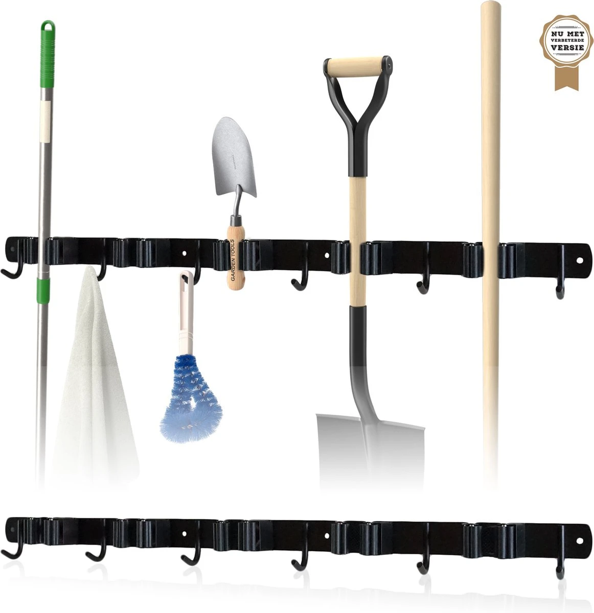 Bezem Ophangsysteem – Bezemhouder – Tuingereedschap – RVS – 5 Houders – 6 Haken - BAULK® 3 Bezem Ophangsysteem – Bezemhouder – Tuingereedschap – RVS – 5 Houders – 6 Haken - BAULK®