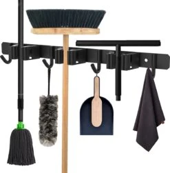 Volcan Bezemhouder - Bezem Ophangsysteem Tuingereedschap - Gereedschapshouder - Zelfklevend - 3M Tape - 3 Houders 4 Haken - RVS Zwart
