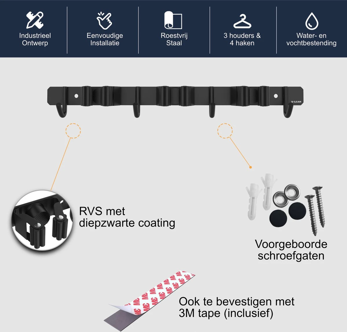 Volcan Bezemhouder - Bezem Ophangsysteem Tuingereedschap - Gereedschapshouder - Zelfklevend - 3M Tape - 3 Houders 4 Haken - RVS Zwart 8 Volcan Bezemhouder - Bezem Ophangsysteem Tuingereedschap - Gereedschapshouder - Zelfklevend - 3M Tape - 3 Houders 4 Haken - RVS Zwart - Afbeelding 6