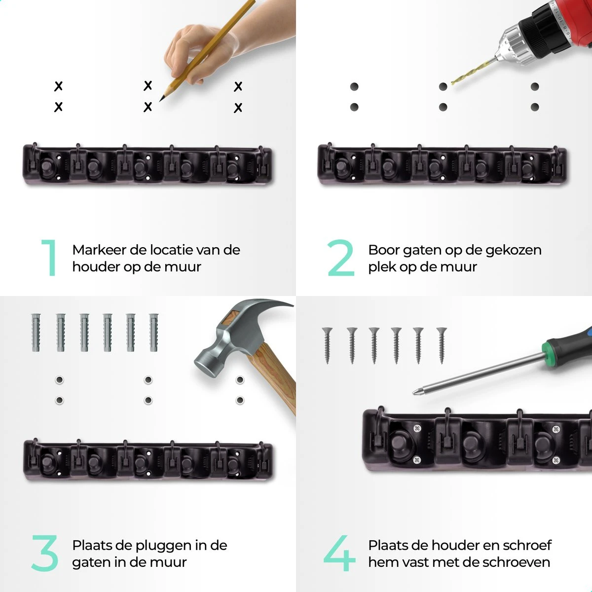 CLEANLY® Bezemhouder - Ophangsysteem Voor Tuingereedschap - Bezem Ophangsysteem - Gereedschapshouder Met Ophanghaken - ABS 4 CLEANLY® Bezemhouder - Ophangsysteem Voor Tuingereedschap - Bezem Ophangsysteem - Gereedschapshouder Met Ophanghaken - ABS - Afbeelding 2